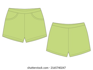 Technical sketch sleep shorts pants design template. Light green color. Elastic sport shorts. Casual clothes. Front and back. Fashion vector illustration. CAD mockup