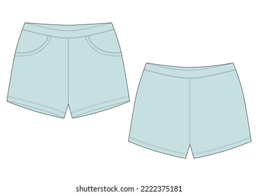Technical sketch sleep shorts pants design template. Mint color. Elastic sport shorts. Casual clothes. Front and back. Fashion vector illustration. CAD mockup
