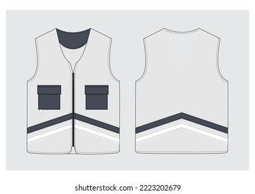 technical sketch of a sleeveless jacket with patch pockets