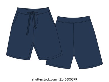 Technical sketch sport shorts pants design. Boy clothes template. Blue color. Casual style. CAD mockup. Back and front view. Design for packaging, fashion catalog. Fashion vector illustration