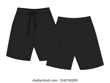 Technical sketch sport shorts pants design. Black color. Boy clothes template. Casual style. CAD mockup. Back and front view. Design for packaging, fashion catalog. Vector illustration