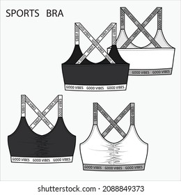 Technical sketch of SPORTY X STRAP BRA in black and white color. Editable underwear flat fashion sketch