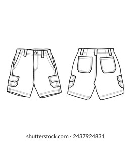 Technical sketch of stretch short pants for boys template. Front and back view flat design vector. Isolated on a white background.