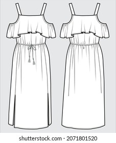 TECHNICAL SKETCH OF SUMMER STRAPY DRESS FOR TEEN AND KID GIRLS IN VECTOR FILE