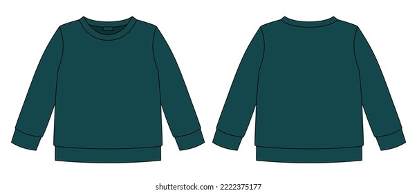 Technical sketch sweatshirt. Dark green color. Kids wear jumper design template. Front and back view. Front and back view. CAD fashion design