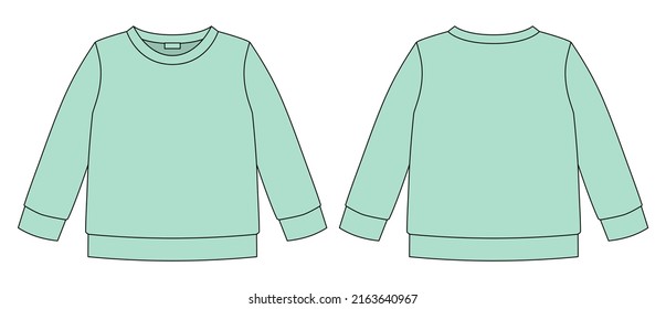 Sudadera de sketch técnico. Los niños usan una plantilla de diseño de puente. Color de la Fábrica de la Moneda. Vista frontal y posterior. Vista frontal y posterior. diseño de moda CAD