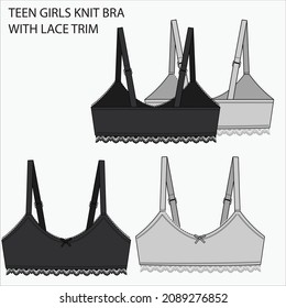 Technical Sketch of TEEN KNIT BRA WITH LACE TRIM in black and grey color fashion flat editable vector sketch