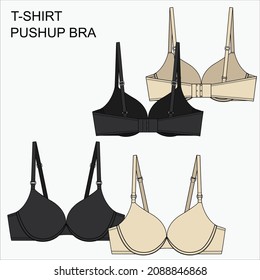 Technical Sketch of T-SHIRT PADDED BRA in black and beige color. Editable underwear fashion flat sketch