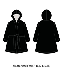 Technical sketch unisex bathrobe in black color. Home bathrobe isolated on white background. Front and back views. Fashion vector illustration. Design for packaging, fashion