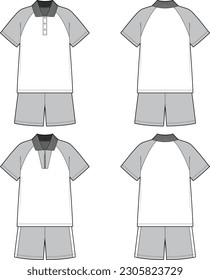 Technical sketch of unisex tracksuit set. Front and back sketch mock up. Collar sweatshirt with half placket and shorts. T-shirt, sweatpants. Training suit. Short sleeve tops, easy pull on bottoms. svg