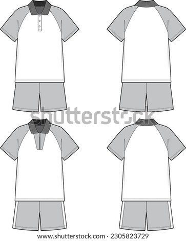 Technical sketch of unisex tracksuit set. Front and back sketch mock up. Collar sweatshirt with half placket and shorts. T-shirt, sweatpants. Training suit. Short sleeve tops, easy pull on bottoms.