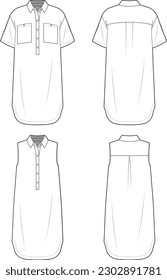 Technical sketch of utility shirtdress design template. Front and back view white collar tunic mock up. Vector illustration. Classic collared neck half placket long shirt with oversize patch pockets. 
