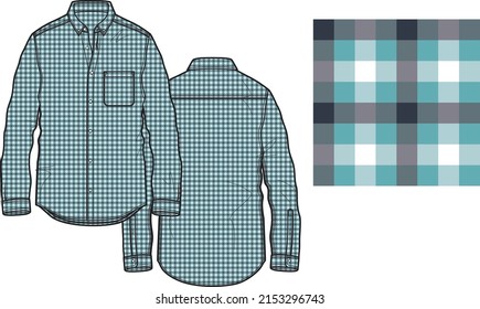 Technical sketch of weekend shirt with blue turquoise check and seamless rapport 