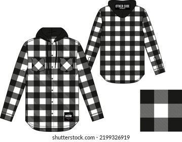 Technical sketch of weekend shirt with hood, fashion check print, patch and typography slogan print  