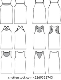 Technical sketch white basic sleeveless top and t shirt design template. Front and back view shirt mock up. Vector illustrations of women's fashion garments. Round neck, v neck, square neck, x straps.