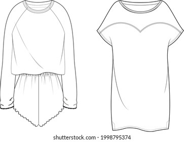 Technical Sketch Of Woman Pajama Sleepwear In Vector Illustration. Baggy Top. Isolated Vector Template. Mockup.