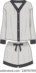 Technical sketch of woman pyjama sleepwear in vector. Pajamas with top and shorts. flat sketch vector. Fashion illustration. front and back view. mockup.