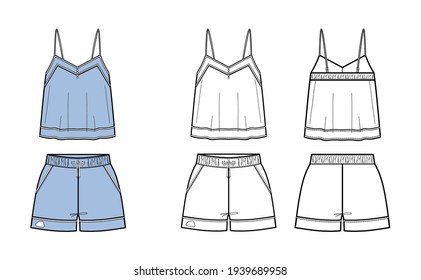 Technical sketch of 
woman sleepwear in vector graphic.
Pajamas with top and shorts with piping decor.
Clothes flat sketch vector. 
Fashion illustration.
Scheme front and back.