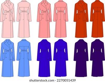 
technical sketch of a woman's coat, 6 colors