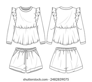 Technical sketch of women pajamas. Front and back view of technical drawing or pattern for sewing women nightwear of top and shorts for sleep. Outline vector illustration isolated on white background