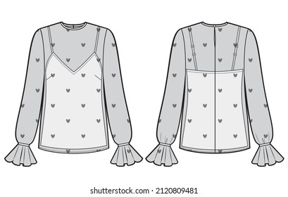 technical sketch of a women's chiffon blouse