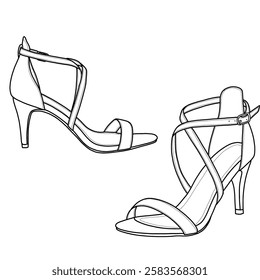 Technical sketch of women's fashion stilettos ankle strap with buckle open toe pump heel sandals line art. Flat sketch vector. Front and side view. Isolated on a white background