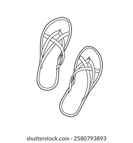 Technical sketch of women's flip flops sandals open toe casual flat sandal vector illustration. Outline vector doodle illustration, top view. Isolated on a white background