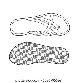 Technical sketch of women's flip flops sandals open toe casual flat sandal vector illustration. Outline vector doodle illustration, top, and bottom view. Isolated on a white background