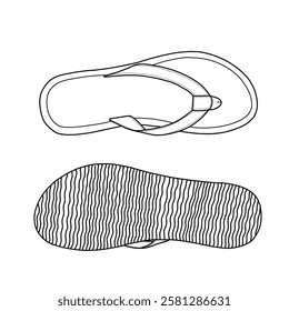 Technical sketch of women's flip flops comfortable, sandals flat, indoor and outdoor sandals vector line art. Top and bottom view. Isolated on a white background.