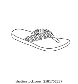 Technical sketch of women's flip flops comfortable sandals with braided straps line art, side view. flat sketch vector. Isolated on a white background