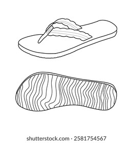 Technical sketch of women's flip flops comfortable beach sandals with wavy straps line art, side and bottom view, flat sketch vector. Isolated on a white background