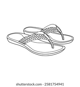 Technical sketch of women's flip flops sandals with braided straps and arch support line art, side and bottom view, flat sketch vector. Isolated on a white background