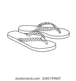 Technical sketch of women's flip flops thong sandals. Flat sandals indoor and outdoor sandals with braided straps line art, flat sketch vector. Isolated on a white background