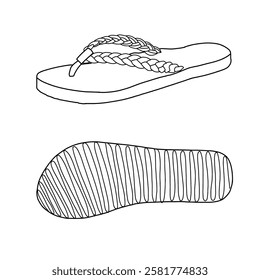 Technical sketch of women's women's flip-flop sandals, flat sandals, beach sandals with braided straps, side and bottom view line art. Flat sketch vector. Isolated on a white background