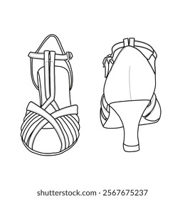 Technical sketch of women's tango dance shoe, Latin and salsa dance shoe. Outline vector doodle illustration, front, and back view. Isolated on a white background.