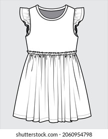 TECHNICAL SKETCH OF WOVEN AND KNIT DRESS FOR WOMENS AND GIRLS IN VECTOR FILE