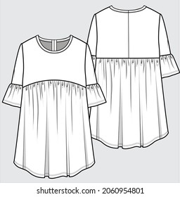 TECHNICAL SKETCH OF WOVEN AND KNIT DRESS FOR WOMENS AND GIRLS IN VECTOR FILE