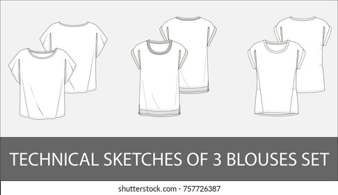 Technical sketches of 3 woman blouses set in vector graphic