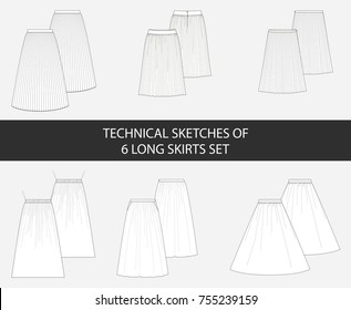 Technical sketches of 6 long skirts set in vector.