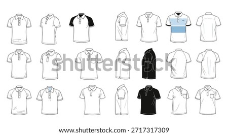 Technical sketches of polo shirts from various angles including front side and back views for fashion design templates and mockups.