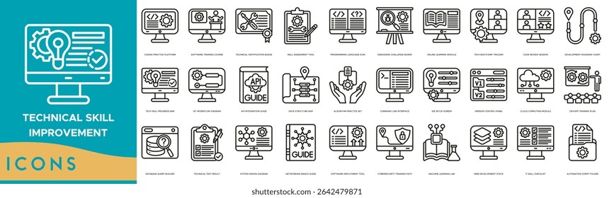 Technical Skill Improvement Icon set. Coding Practice Platform, Software Training Course, Technical Certification Badge, Skill Assessment Tool, Programming Language Icon and Debugging Challenge Board