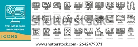 Technical Skill Improvement Icon set. Coding Practice Platform, Software Training Course, Technical Certification Badge, Skill Assessment Tool, Programming Language Icon and Debugging Challenge Board