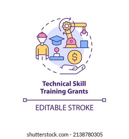 Technical skill training grants concept icon. Small business incentives abstract idea thin line illustration. Isolated outline drawing. Editable stroke. Arial, Myriad Pro-Bold fonts used