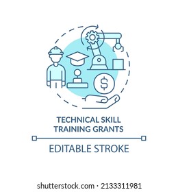 Technical skill training grants turquoise concept icon. Small business incentives abstract idea thin line illustration. Isolated outline drawing. Editable stroke. Arial, Myriad Pro-Bold fonts used