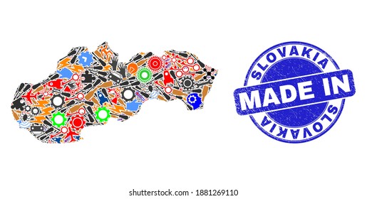 Technische Slowakei Karte Mosaik und MADE IN strukturiertem Gummistempel. Slowakei Karte Mosaik bestehend aus Messern, Cogs, Instrumenten, Tasten, Flugzeugen, Flugzeugen, Flugzeugen, Luftfahrtsymbolen, Motorschrauben, Bugs.