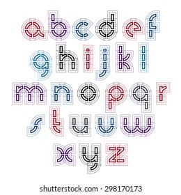 Technical small characters created from sections, light industrial lowercase letters isolated on white background. 