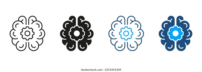 Colección de símbolos de color y negro de solución técnica. Pictograma de innovación inteligente. Cerebro humano con silueta de engranajes y conjunto de iconos de línea. Concepto de ingeniería. Ilustración de vectores aislados.
