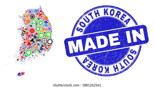Technical South Korea map mosaic and MADE IN textured rubber stamp. South Korea map composition designed from spanners,wheels,instruments,items,vehicles,electricity sparks,details.
