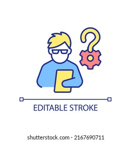 Technical specialist RGB color icon. Hardware requirements. Computer engineer. Professional developer. Isolated vector illustration. Simple filled line drawing. Editable stroke. Arial font used