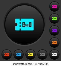 Technical store discount coupon dark push buttons with vivid color icons on dark grey background